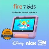 Amazon Fire 7 Kids tablet (newest model) ages 3-7. Top-selling 7″ kids tablet on Amazon. Includes ad-free and exclusive content, easy parental controls, 10-hr battery, 16 GB, Purple