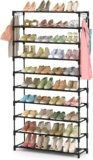 10 Tiers Shoe Rack 50 Pairs Large Capacity Tall Shoe Organizer Sturdy Shoe Storage with Two Hooks Space Saving Metal Wide Shoe Rack for Closet, Entryway, Bedroom, Black