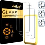 Ailun 3 Pack Screen Protector for iPhone 15 Pro [6.1 inch] + 3 Pack Camera Lens Protector with Installation Frame,Case Friendly Tempered Glass Film,[9H Hardness] – HD [6 Pack]