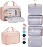 OlarHike Toiletry Bag,Large Size Waterproof Hanging Bags, Makeup Jewelry 3 in 1 Essentials Travel Packing Organizers, Fulled-Sized Family Pack, Shampoo, Conditioner, Brushes Set (Pink)