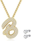 Bubble Letter Necklace Gold for Women, 14K Gold Plated Initial Necklace, Chunky Balloon Pendant Necklace, Dainty Alphabet A-Z Name Necklace, Diamond Necklace and Earrings Set for Women