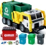 JOYIN Large Friction Powered Garbage Truck Toy Set, Includes Dumpster, Trash Bins, and Learning Cards for Kids