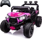 sopbost 24V 7Ah Ride On Car for Kids Battery Powered Ride On Toys with Remote Control 4×4 Electric Vehicle 4 Wheeler UTV, EVA Tires Wheels, 5Mph High Speed, Purple Pink